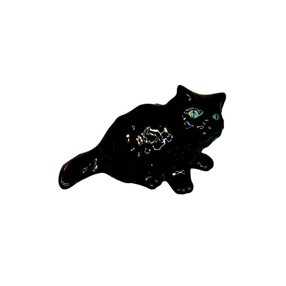 Vintage Glossy Black Cat with Green Eyes Ceramic Figurine Unmarked